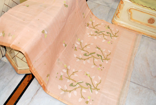 Hand Work Nakshi Butta Cotton Dhakai Jamdani Saree in Lemonade, Green and Multicolored Thread Work