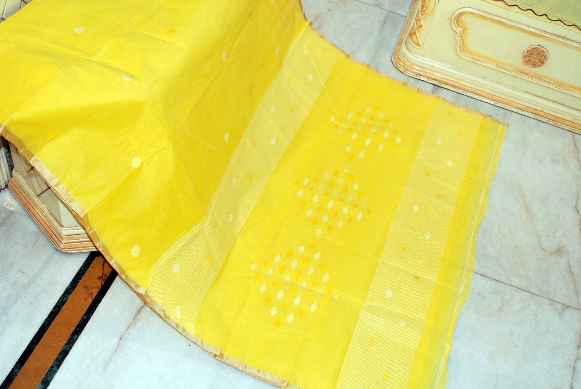 Rhombus Motif Pallu Hand Work Cotton Dhakai Jamdani Saree in Bright Yellow and White
