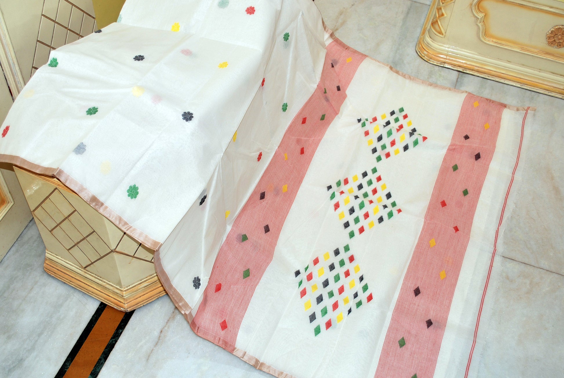 Rhombus Motif Pallu Hand Work Cotton Dhakai Jamdani Saree in Off White, Red and Multicolored