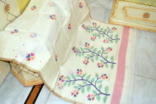 Hand Work Cotton Dhakai Jamdani Saree in Lime White and Multicolor Thread Work with Tussar Selvage