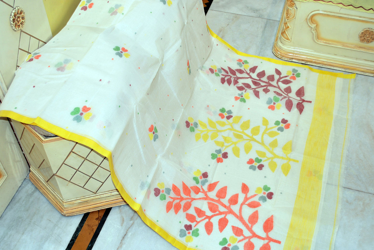 Hand Work Nakshi Butta Cotton Dhakai Jamdani Saree Off White, Bright Yellow and Multicolor Thread Work