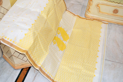 Hand Work Cotton Dhakai Jamdani Saree in White, Yellow and Muted Gold