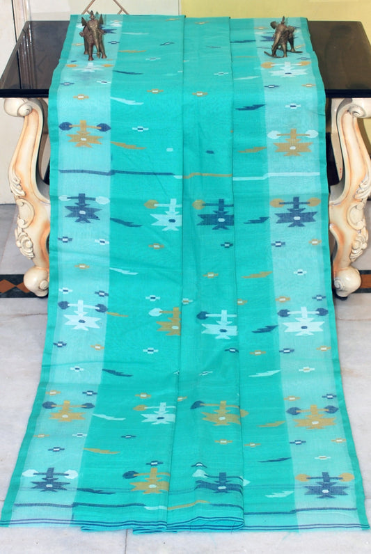 Traditional Hand Karat Work Cotton Jamdani Saree in Seagreen, Off White, Black and Mustard Thread Work