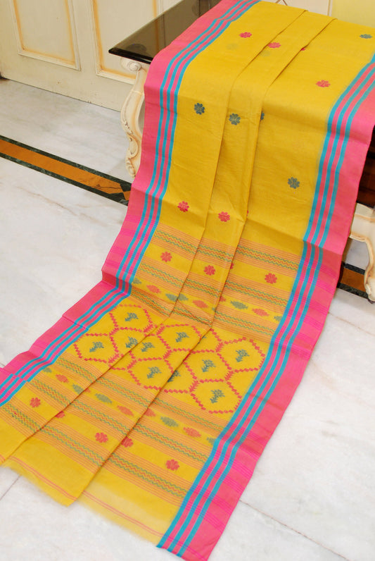 Hand Work Cotton Dhakai Jamdani Saree in Mustard Golden, Hot Pink and Cerulean Blue Thread Work