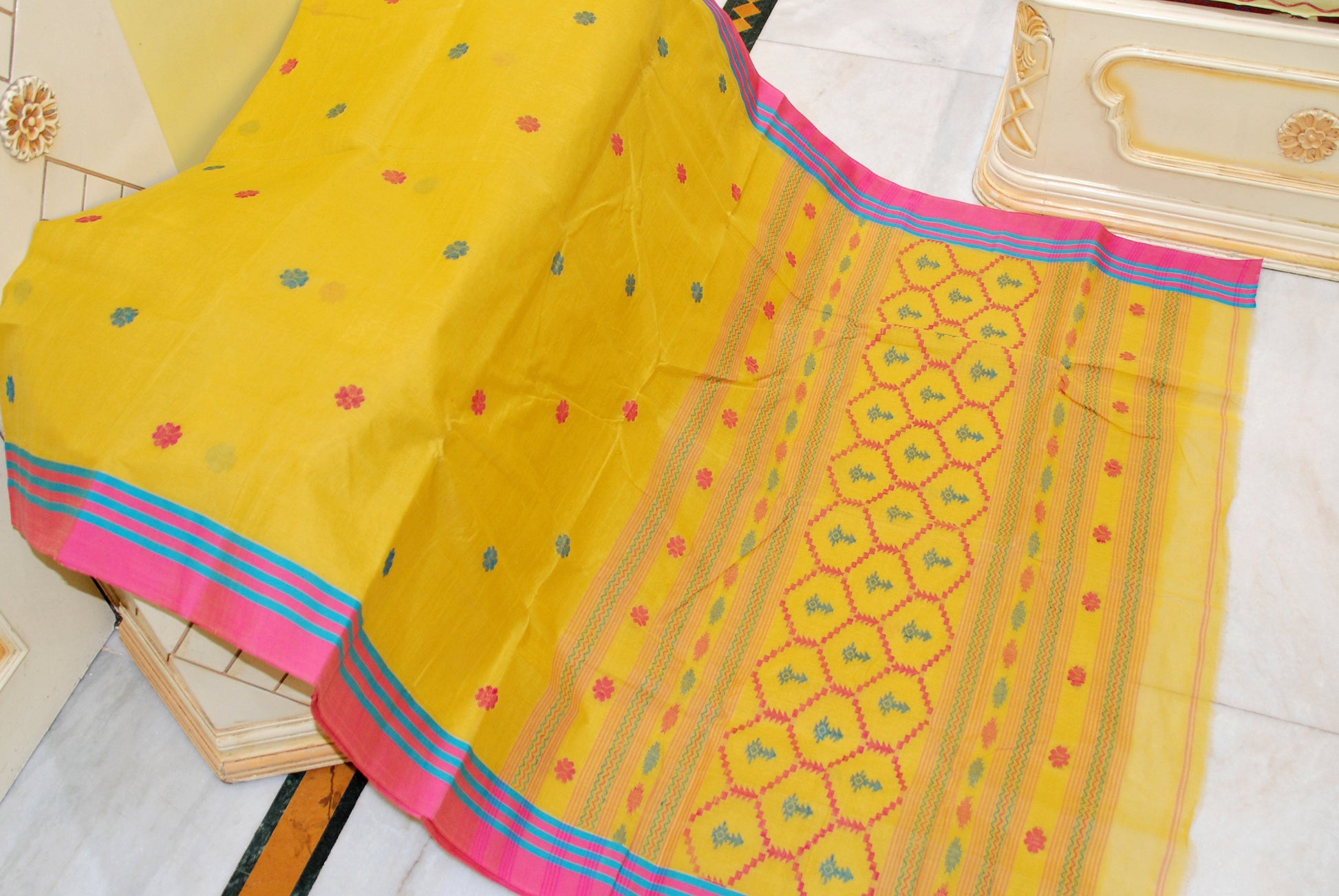 Hand Work Cotton Dhakai Jamdani Saree in Mustard Golden, Hot Pink and Cerulean Blue Thread Work