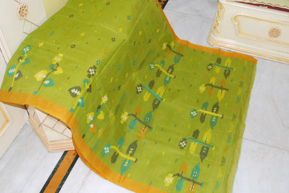 Hand Woven Skirt Nakshi Work Cotton Dhakai Jamdani Saree in Olive Green, Golden Mustard and Multicolored