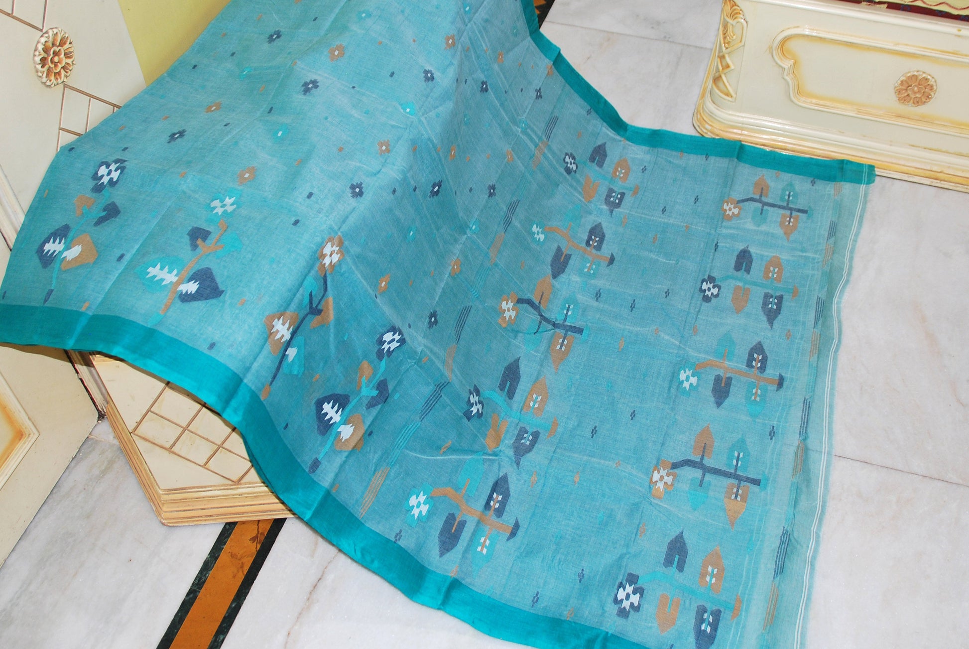 Hand Woven Skirt Nakshi Work Cotton Dhakai Jamdani Saree in Robin Egg Blue and Multicolored