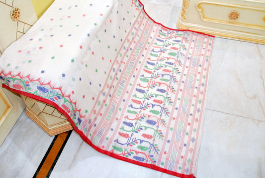 Hand Karat Needle Woven Work Pure Cotton Bengal Jamdani Saree in Off White, Red and Multicolored