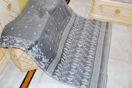 Hand Karat Needle Woven Work Pure Cotton Bengal Jamdani Saree in Lead Grey and Off White