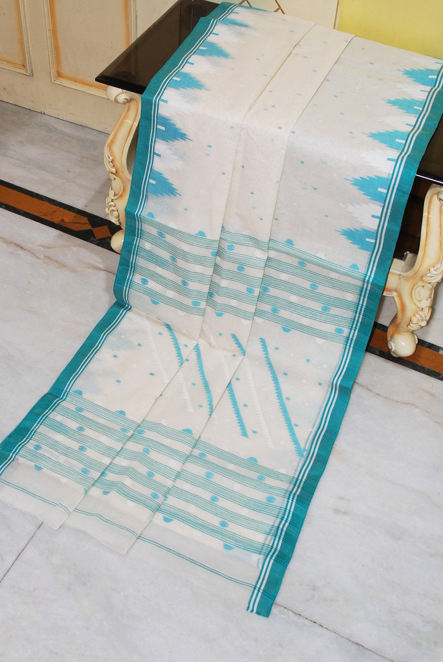 Crowned Temple Border Work Pure Cotton Bengal Jamdani Saree in Off White, Sea green and White