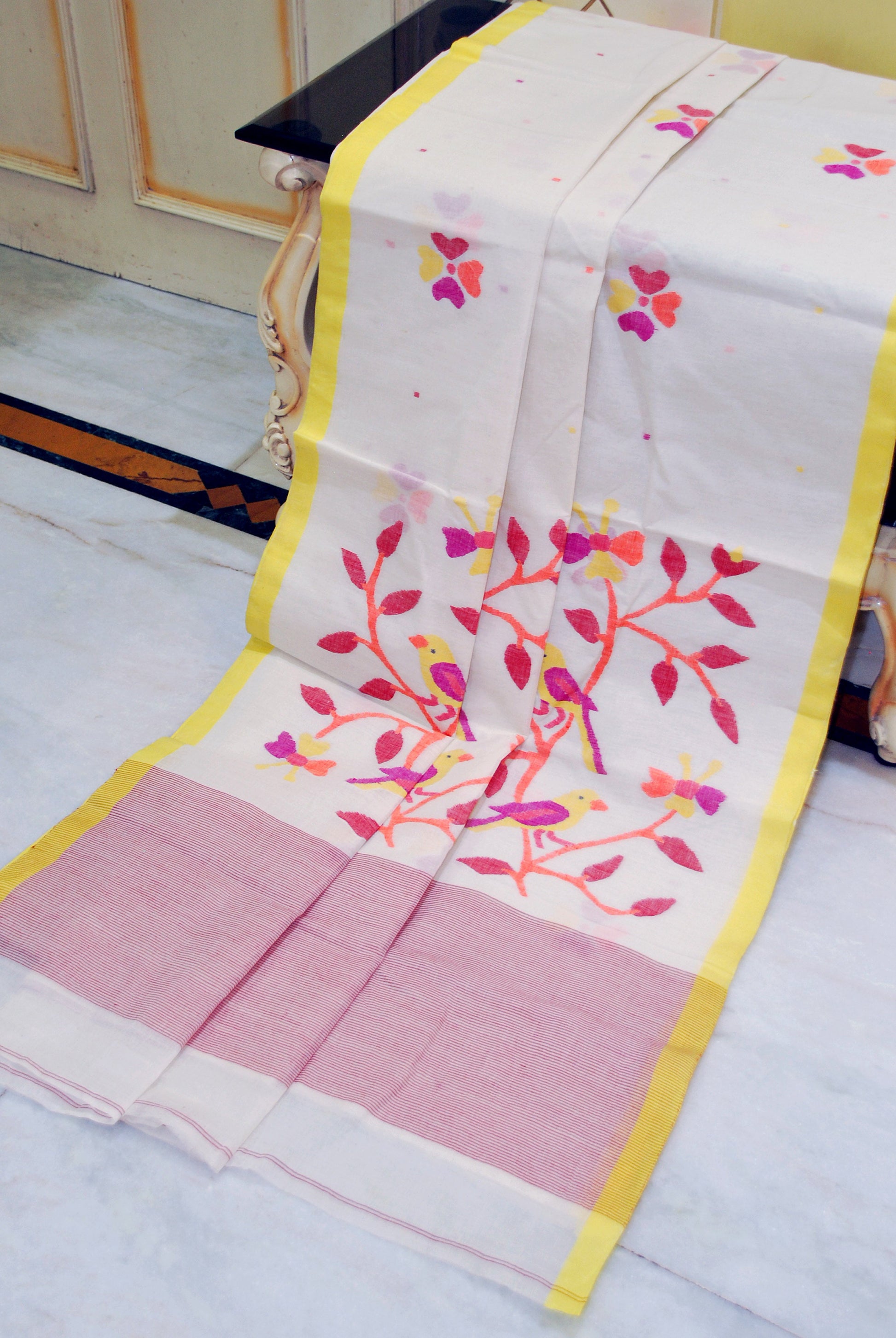 Hand Work Nakshi Butta Cotton Dhakai Jamdani Saree in Off White, Yellow, Hot Pink, Orange and Red