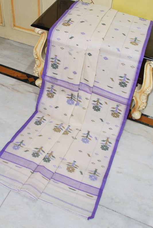 Traditional Hand Karat Work Cotton Jamdani Saree in Off White, Purple and Multicolored Thread Work