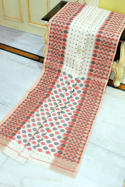 Nakshi Floral Work with Polka Butta Cotton Jamdani Saree in Off White, Red, Black and Beige Thread Work