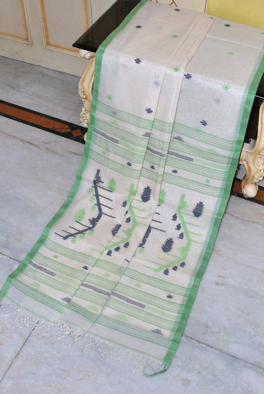 Traditional Needle Karat Work Poth Jamdani Saree in Off White, Paste Green, Black and Light Green