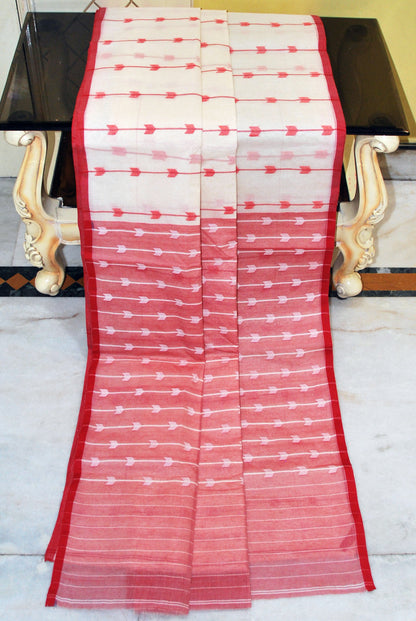 Designer Poth Cotton Jamdani Saree in Off White and Red