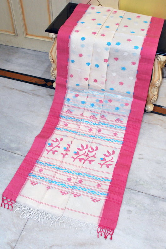 Pure Cotton Poth Jamdani Saree in Off White, Watermelon Pink, Blue and White