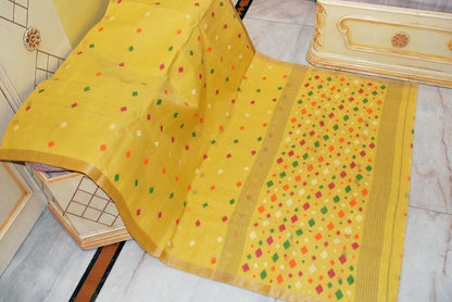 Poth Tussar Silk Border Pure Cotton Bengal Jamdani Saree in Warm Pastel Yellow and Multicolored Thread Work