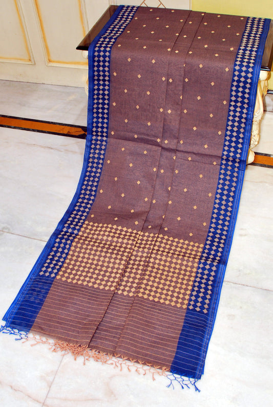 Premium Quality Double Warp Cotton Jamdani Saree in Dual Tone Warm Grey, Admiral Blue and Dark Beige