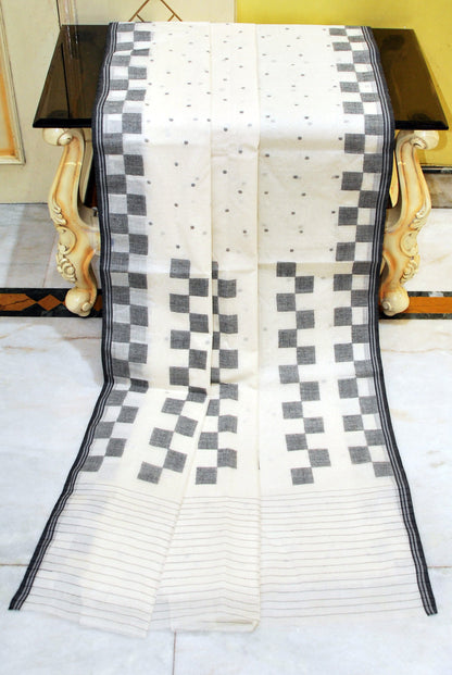 Handwoven Pure Cotton Bengal Jamdani Saree in Warm White and Black Thread Work