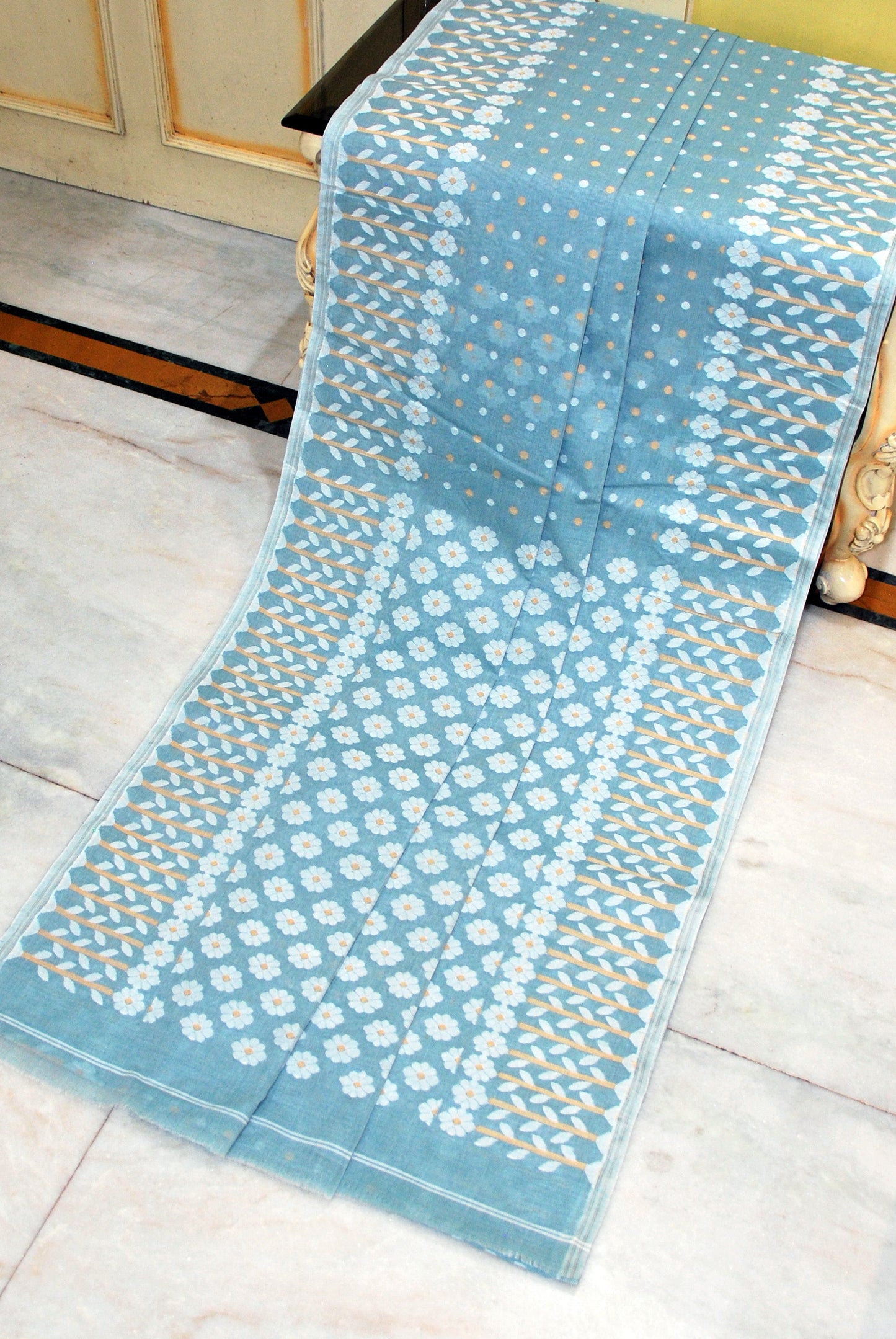 Nakshi Floral Work with Polka Butta Cotton Jamdani Saree in Pale Blue, Off White and Beige Thread Work