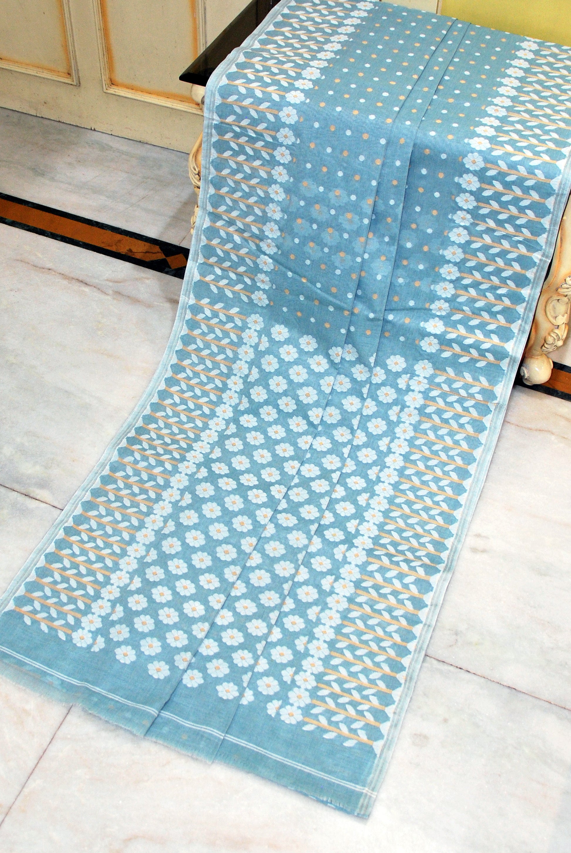 Nakshi Floral Work with Polka Butta Cotton Jamdani Saree in Pale Blue, Off White and Beige Thread Work