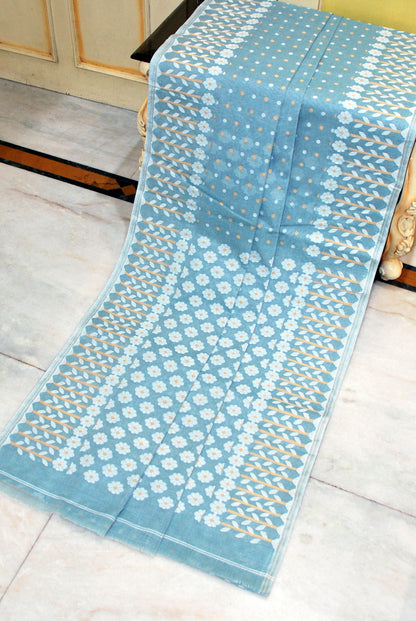 Nakshi Floral Work with Polka Butta Cotton Jamdani Saree in Pale Blue, Off White and Beige Thread Work
