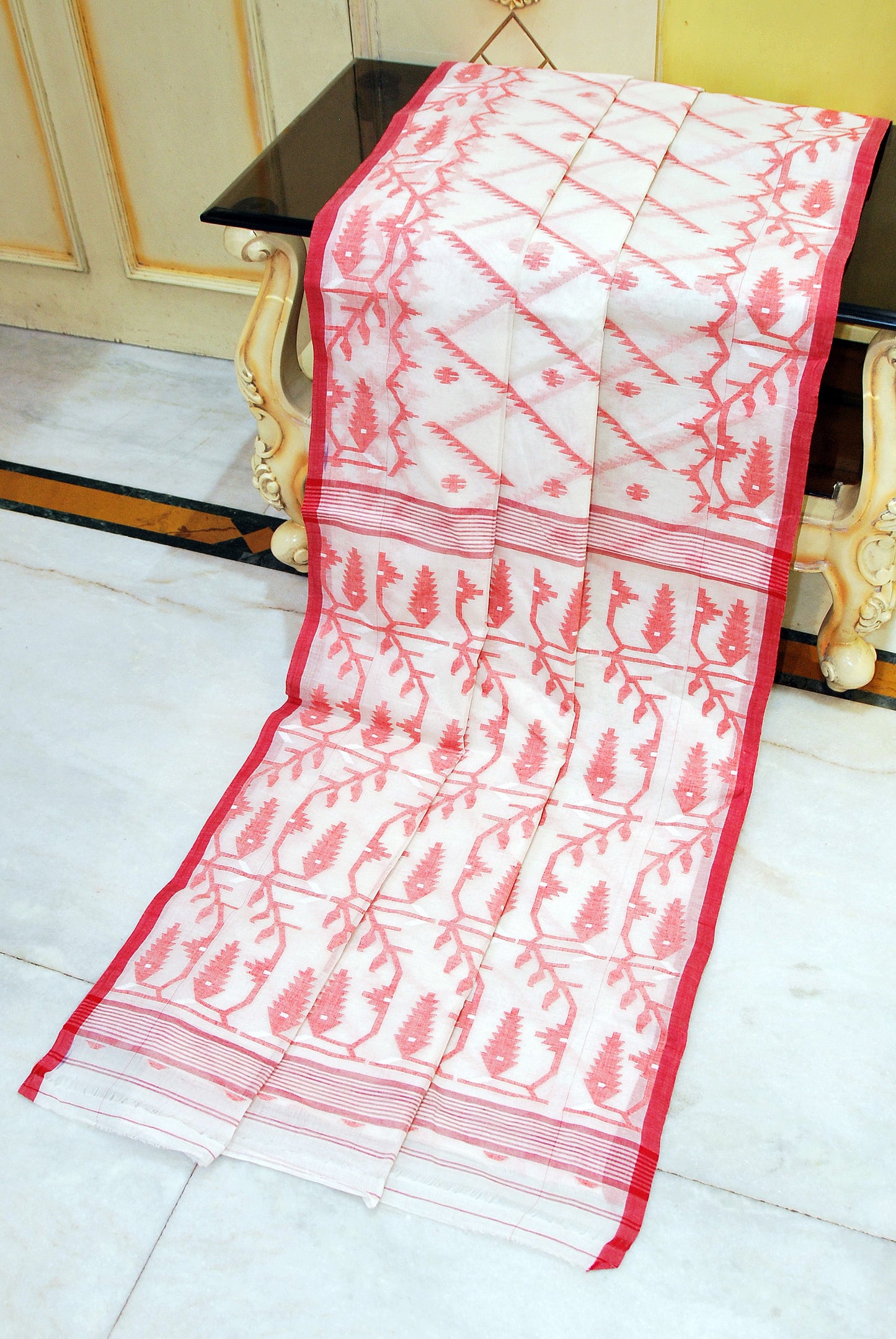 Traditional Handwoven Allover Needle Karat Work Cotton Dhakai Jamdani Saree in Off White and Red Thread Work