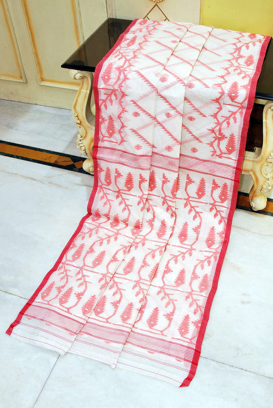 Traditional Handwoven Allover Needle Karat Work Cotton Dhakai Jamdani Saree in Off White and Red Thread Work