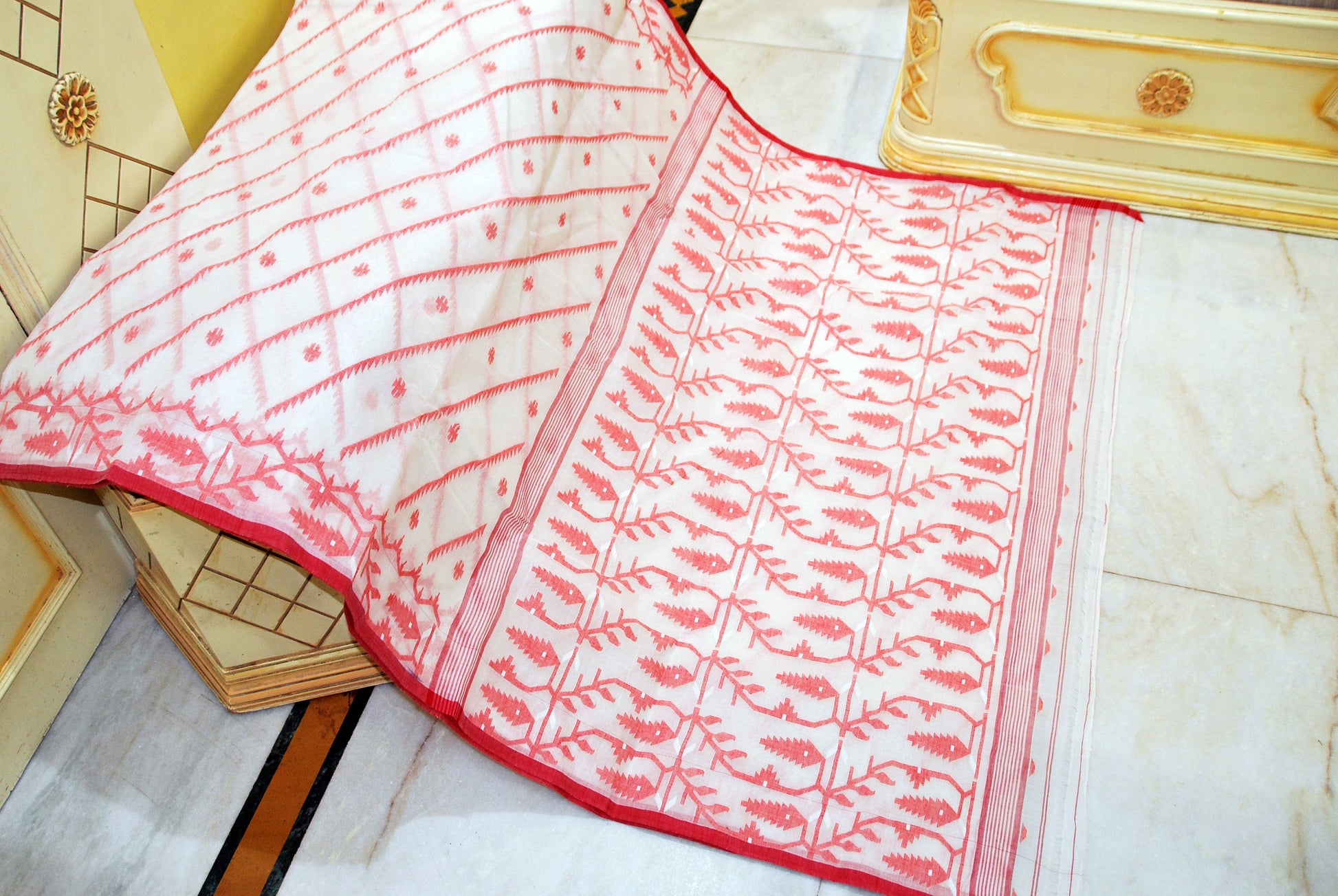 Traditional Handwoven Allover Needle Karat Work Cotton Dhakai Jamdani Saree in Off White and Red Thread Work
