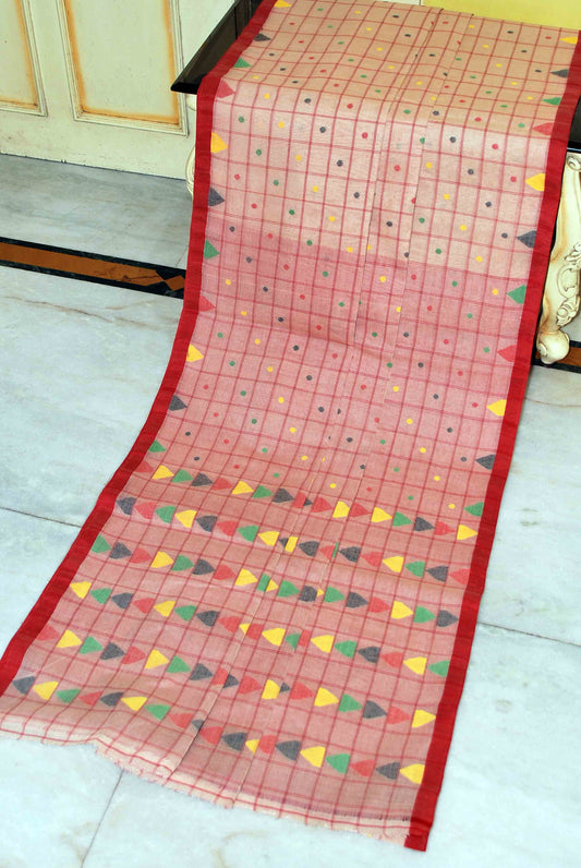 Woven Checks with Polka Butta Cotton Jamdani Saree in Beige, Red and Multicolored Thread Work