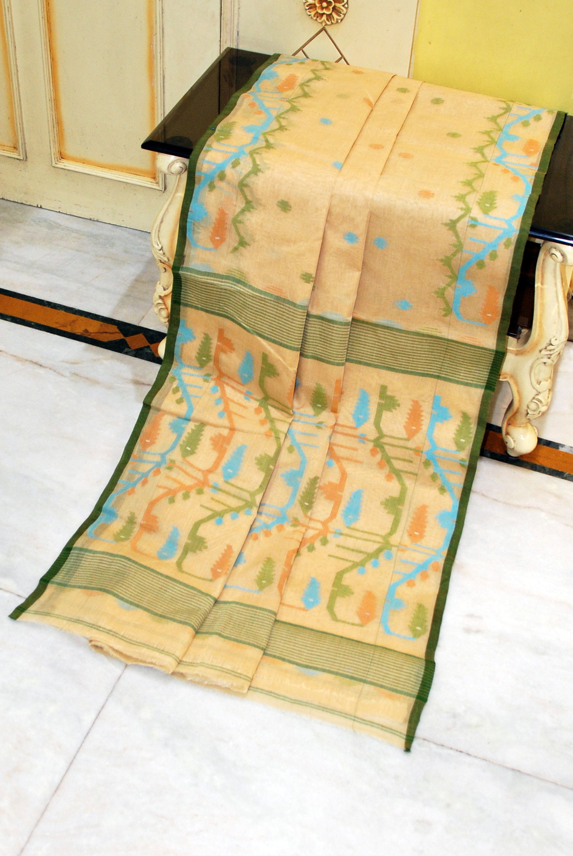 Hand Karat Needle Woven Work Pure Cotton Bengal Jamdani Saree in Warm Beige, Dark Green and Multicolored