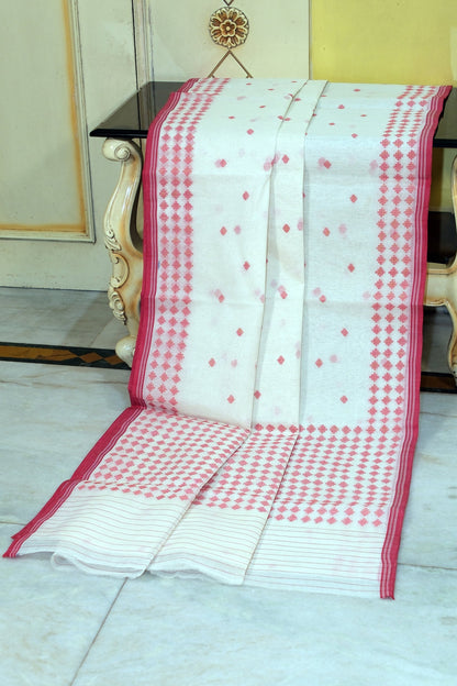 Premium Quality Double Warp Cotton Jamdani Saree in Off White and Red