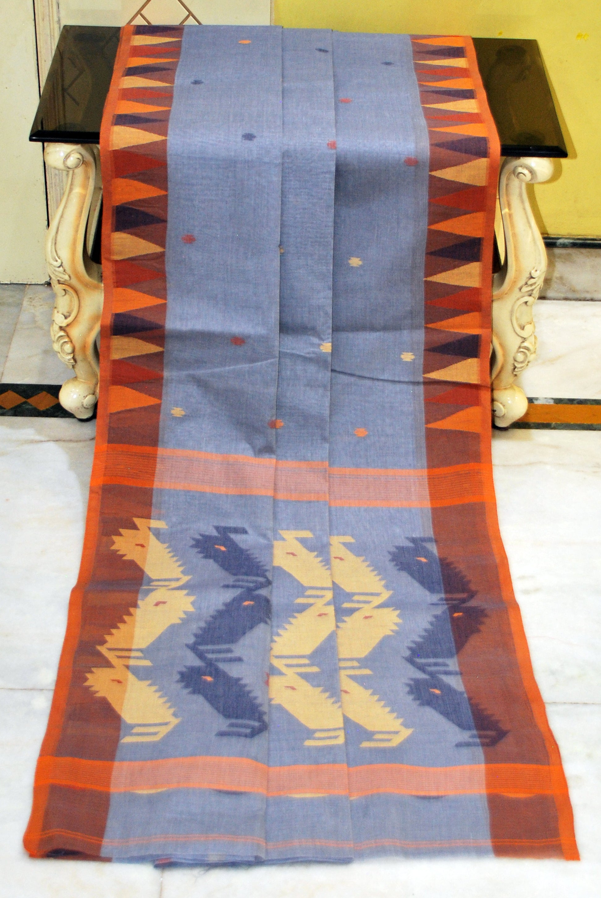 Handwoven Pure Cotton Bengal Jamdani Saree in Steel Gray, Brown, Beige and Dark Blue Thread Work