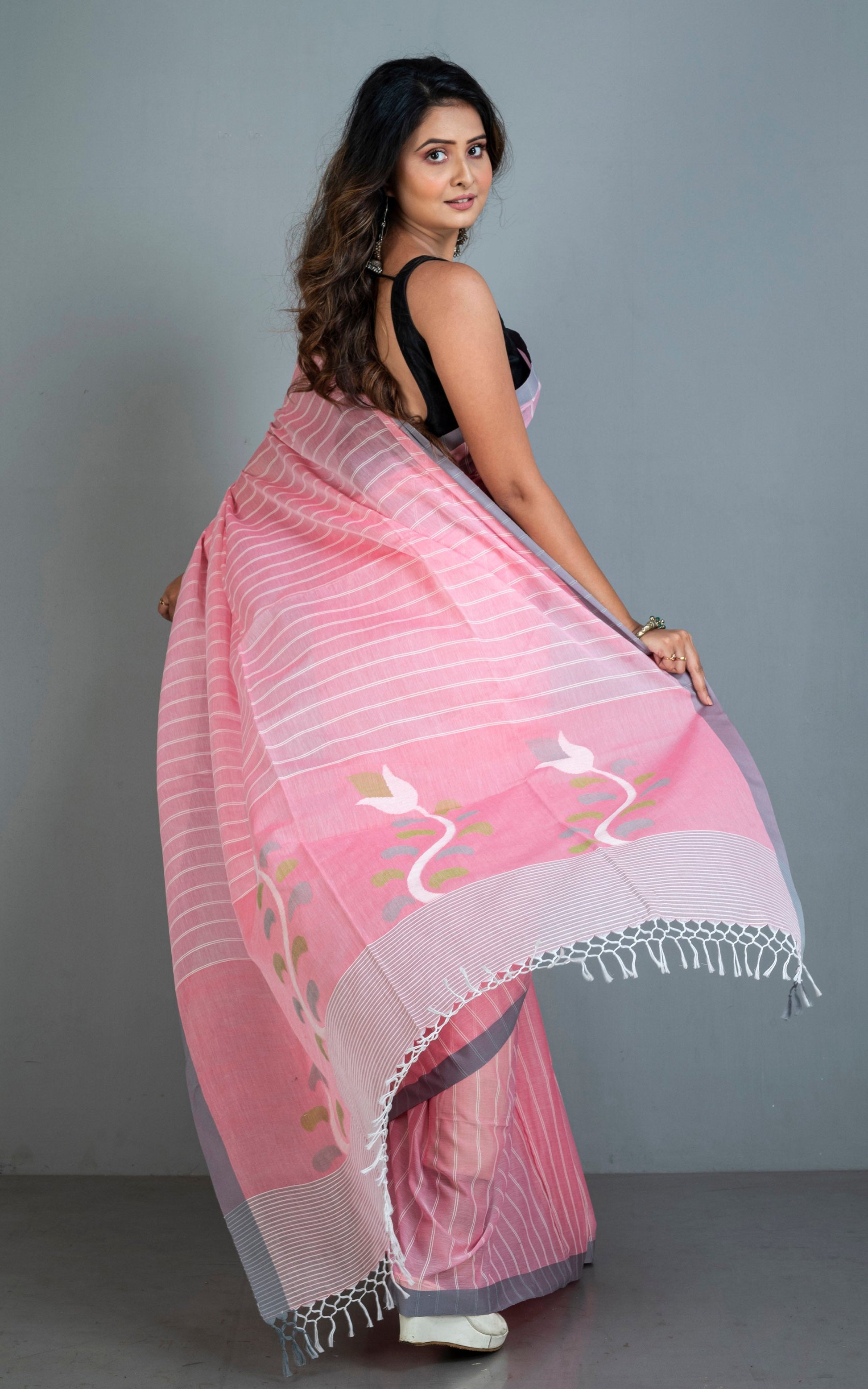 Woven Khes Work Authentic Khaddar Cotton Jamdani Saree in Lemonade Pink, Off White, Grey and Green