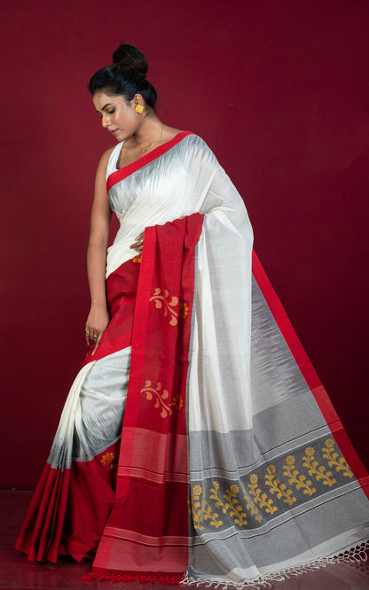 Premium Quality Double Warp Khaddar Kadiyal Skirt Border Jamdani Saree in Off White and Dark Red