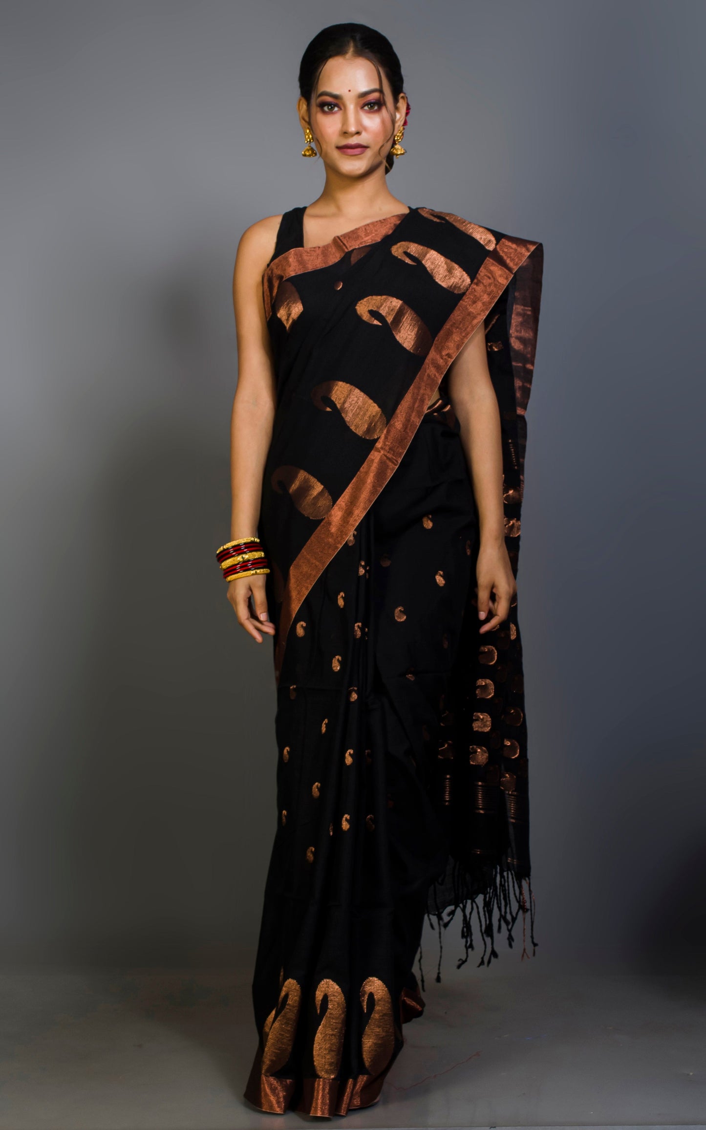 Premium Quality Double Warp Soft Pure Cotton Saree in Black and Copper Zari Work