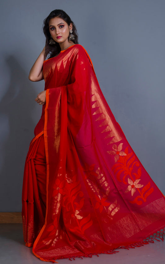 Premium Quality Double Warp Soft Cotton Kangivaram Saree in Vermilion Red, Orange and Muted Gold Zari Work