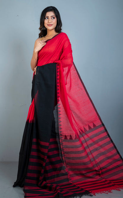 Half and Half Designer Soft Cotton Khaddar Saree in Red and Black