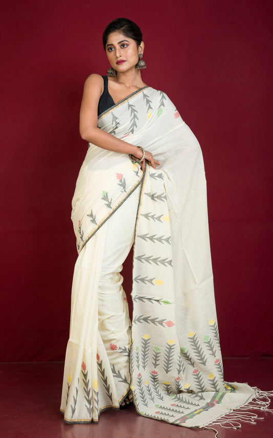 Premium Quality Double Warp Soft Cotton Handwoven Jamdani Saree in Off white, Black and Multicolored