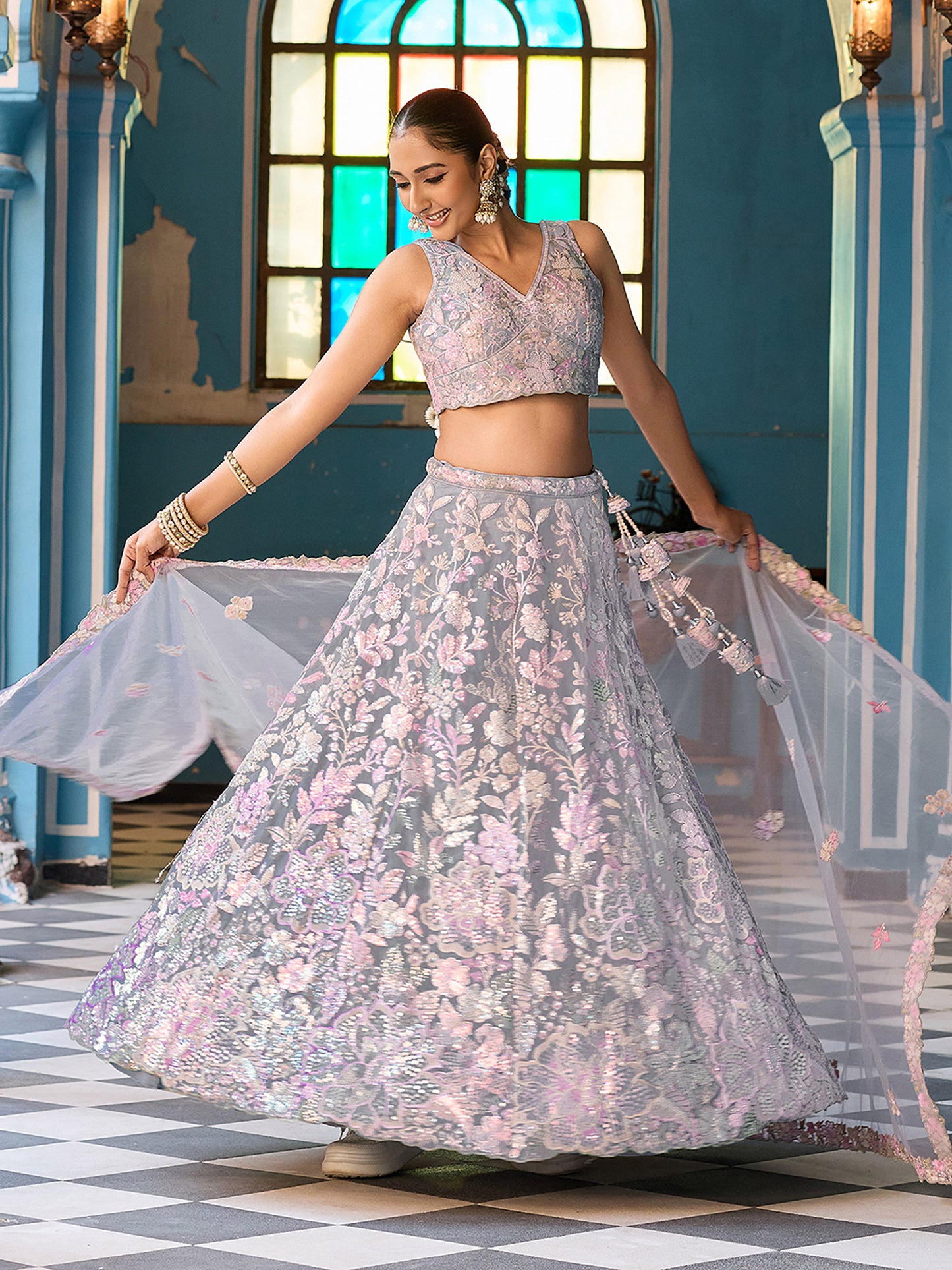 Grey Net Sequins embroidery Lehenga Choli for Sangeet