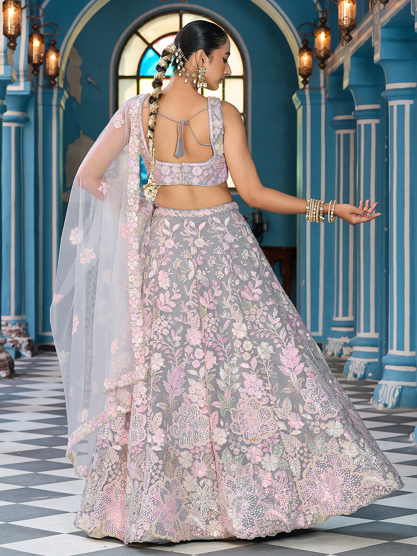 Grey Net Sequins embroidery Lehenga Choli for Sangeet