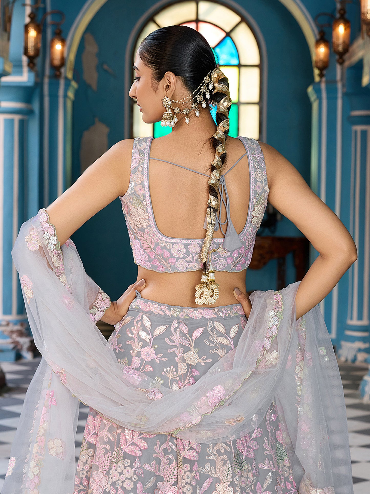 Grey Net Sequins embroidery Lehenga Choli for Sangeet