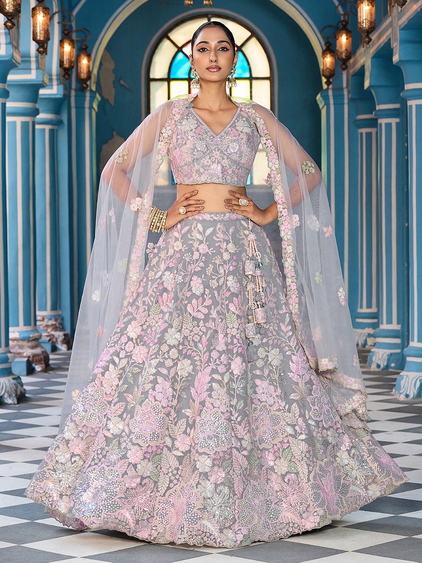 Grey Net Sequins embroidery Lehenga Choli for Sangeet