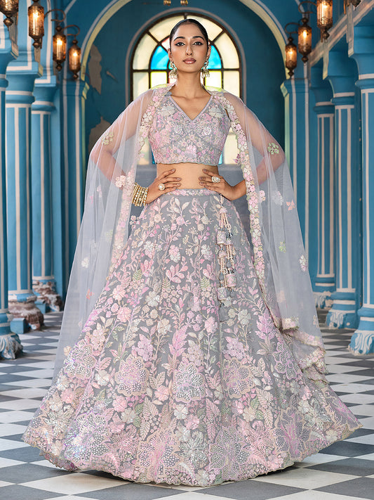 Grey Net Sequins embroidery Lehenga Choli for Sangeet