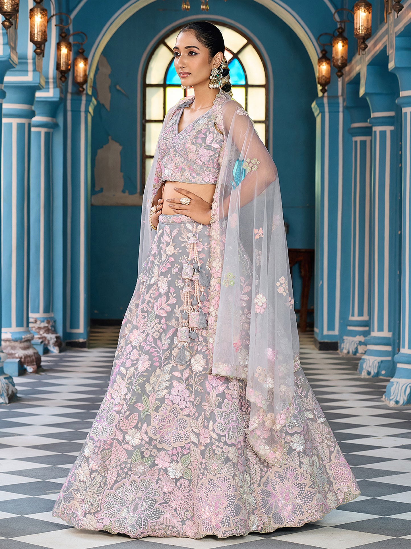 Grey Net Sequins embroidery Lehenga Choli for Sangeet