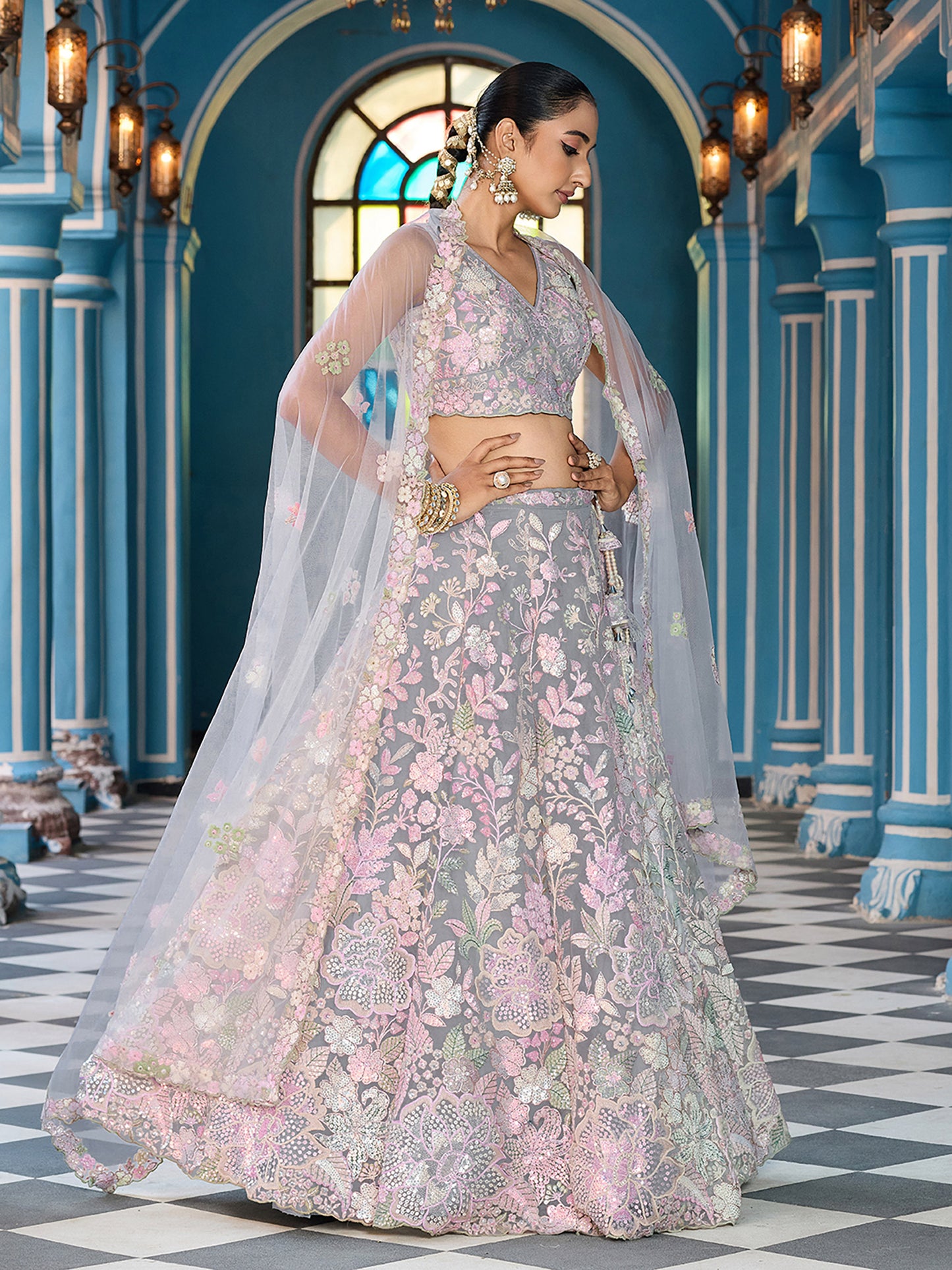 Grey Net Sequins embroidery Lehenga Choli for Sangeet