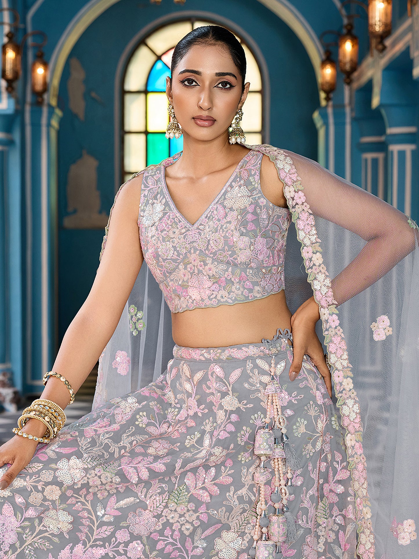 Grey Net Sequins embroidery Lehenga Choli for Sangeet