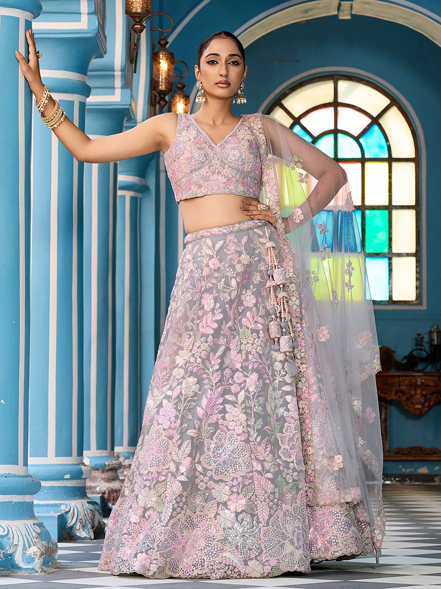 Grey Net Sequins embroidery Lehenga Choli for Sangeet