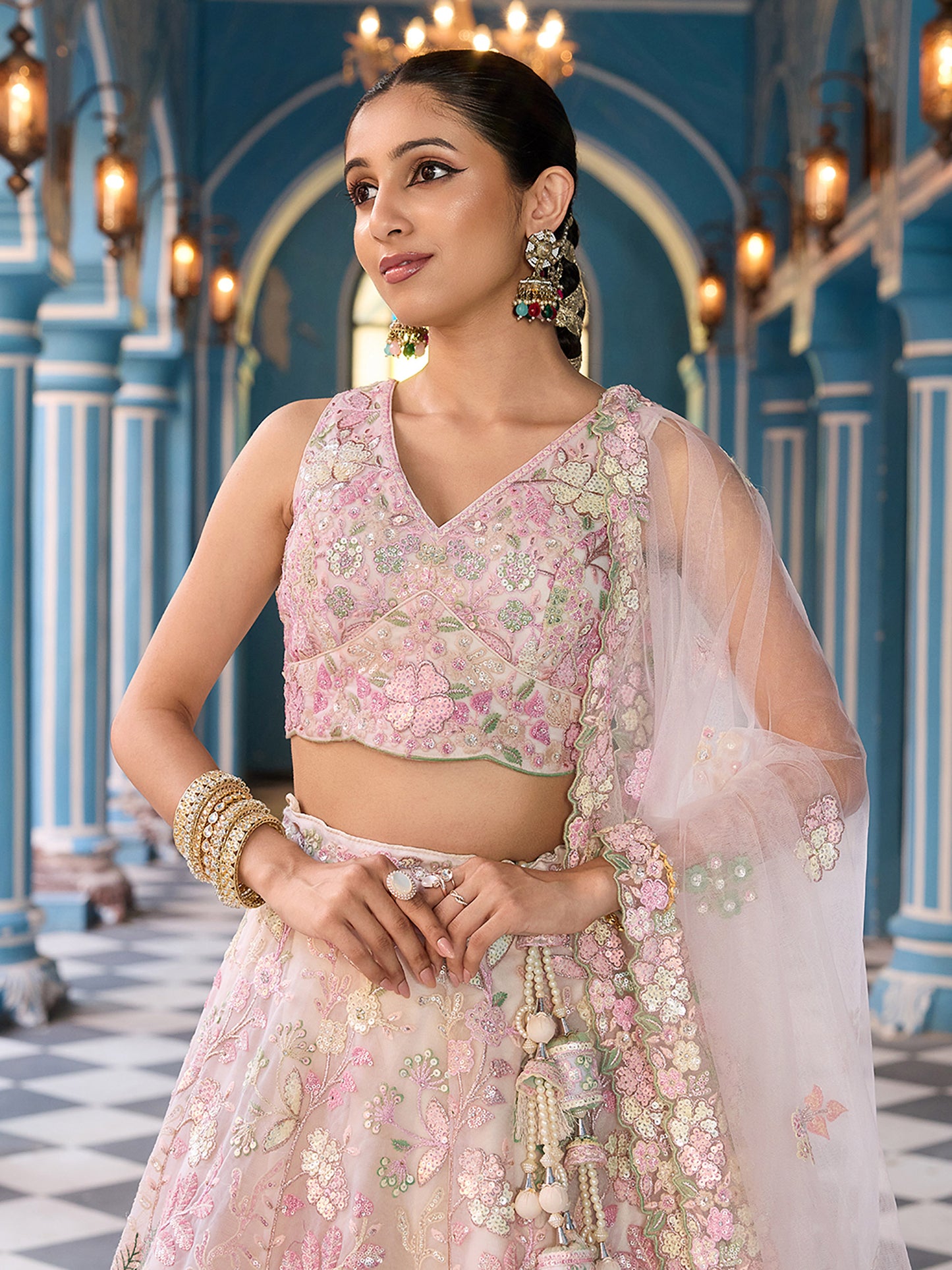 Cream Net Sequins embroidery Lehenga Choli for Sangeet