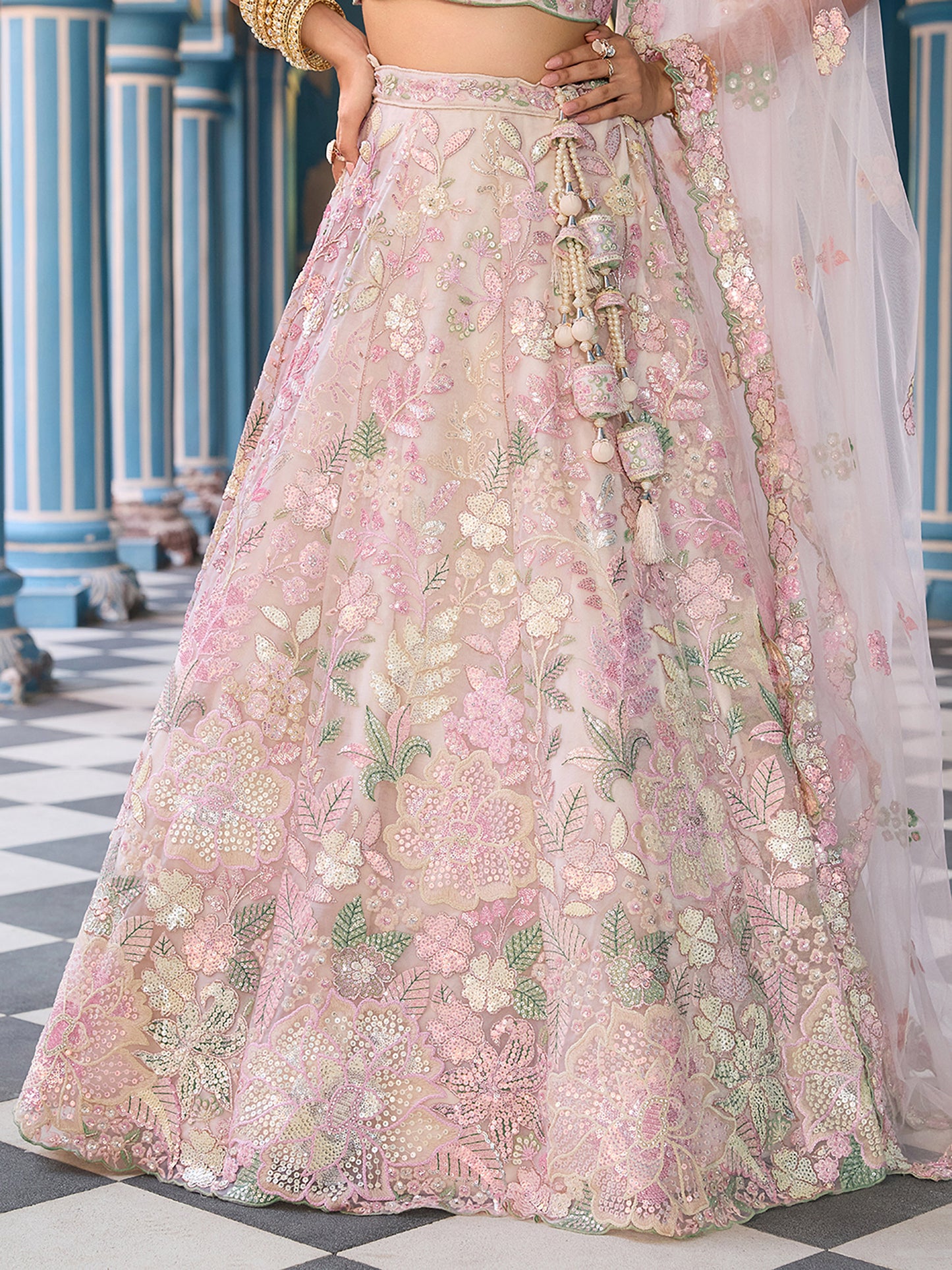 Cream Net Sequins embroidery Lehenga Choli for Sangeet